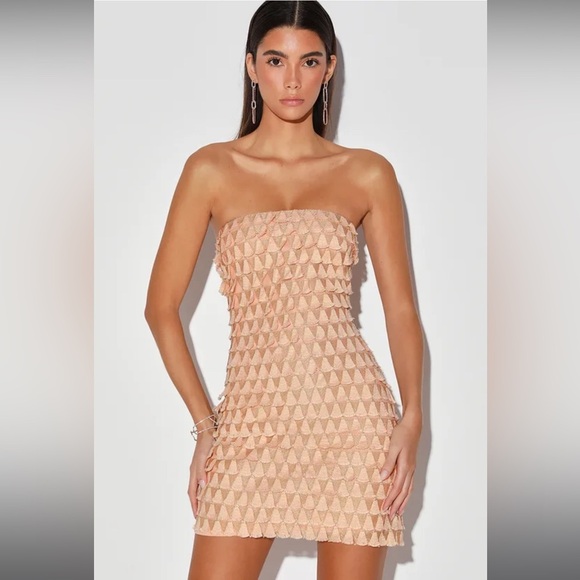 Lulu’s What a Frill Blush and Gold Embroidered Strapless Mini Dress - Picture 2 of 8